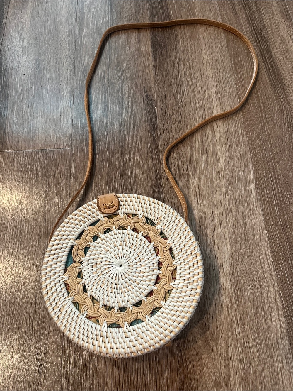 Amerii Rattan Woven Round Straw Crossbody Bag - Natural with Tan Strap